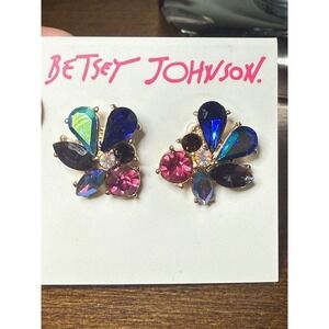 Betsey Johnson Stone Cluster Button Earrings NWT Multicolor Crystal Gold B14245